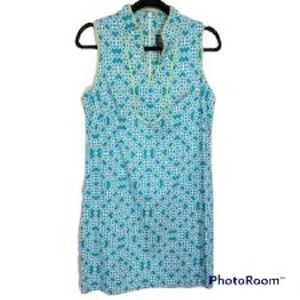 Vince Camuto Teal and White Patterned Sheath Dress with lime trim - 6 🌻💙💙🌻